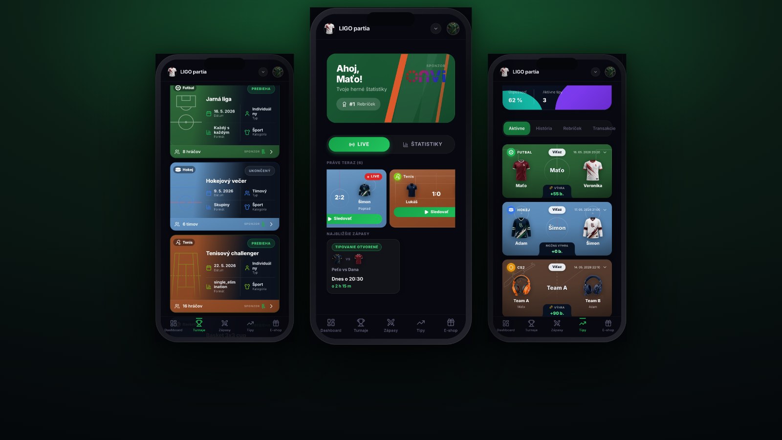 Obrazovky aplikácie LIGO — turnaje, dashboard partie a tipy